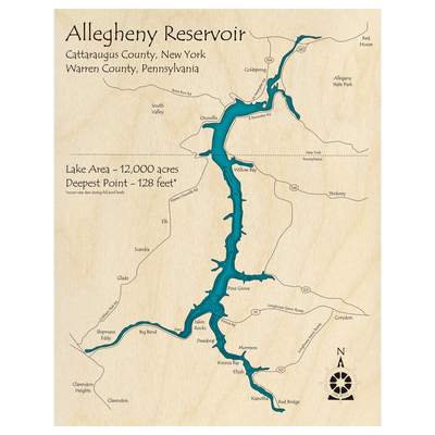Bathymetric topo map of Allegheny Reservoir (NY, PA) with roads, towns and depths noted in blue water.