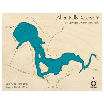 Bathymetric topo map of Allen Falls Reservoir, NY with roads, towns and depths noted in blue water.