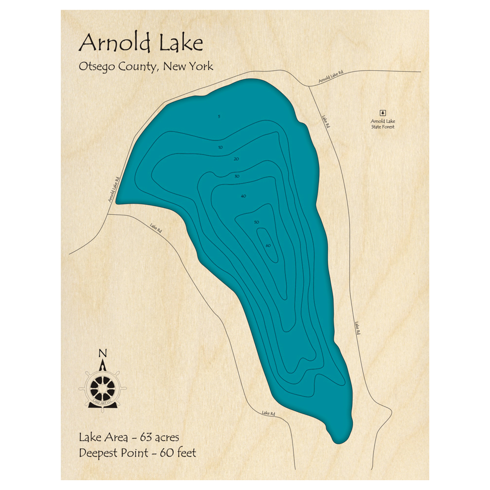 Bathymetric topo map of Arnold Lake, NY with roads, towns and depths noted in blue water.