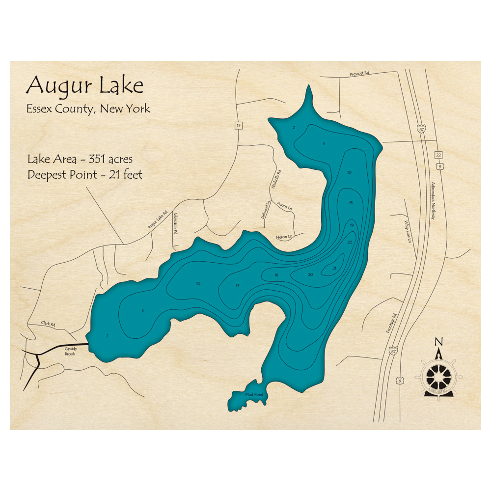 Bathymetric topo map of Augur Lake, NY with roads, towns and depths noted in blue water.
