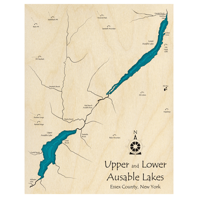 Bathymetric topo map of Upper and Lower Ausable Lakes, NY with roads, towns and depths noted in blue water.