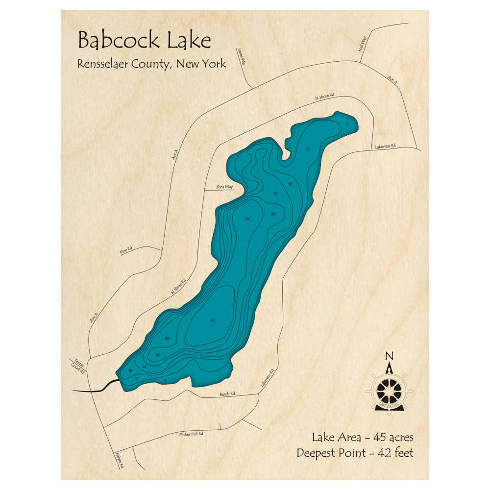 Bathymetric topo map of Babcock Lake, NY with roads, towns and depths noted in blue water.