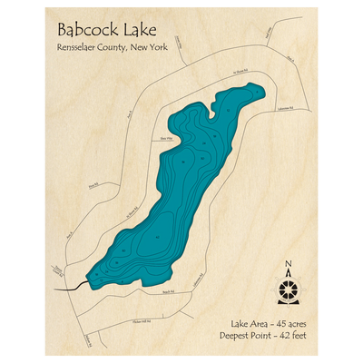 Bathymetric topo map of Babcock Lake, NY with roads, towns and depths noted in blue water.