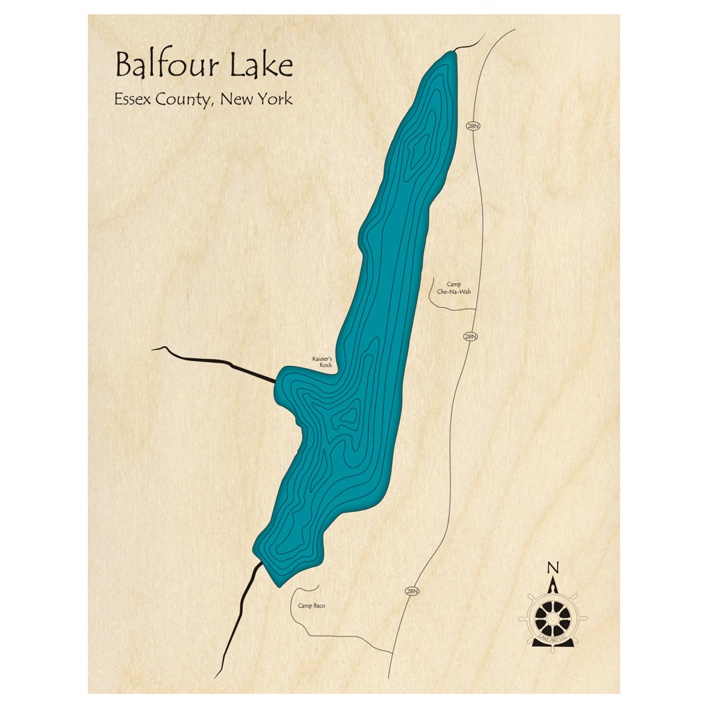Bathymetric topo map of Balfour Lake, NY with roads, towns and depths noted in blue water.