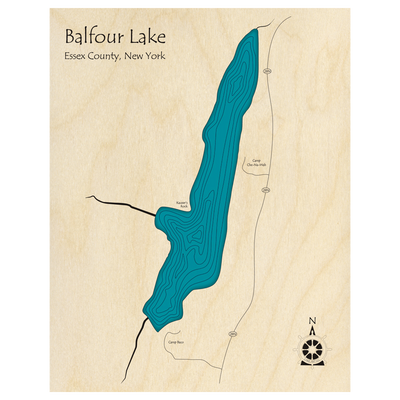 Bathymetric topo map of Balfour Lake, NY with roads, towns and depths noted in blue water.