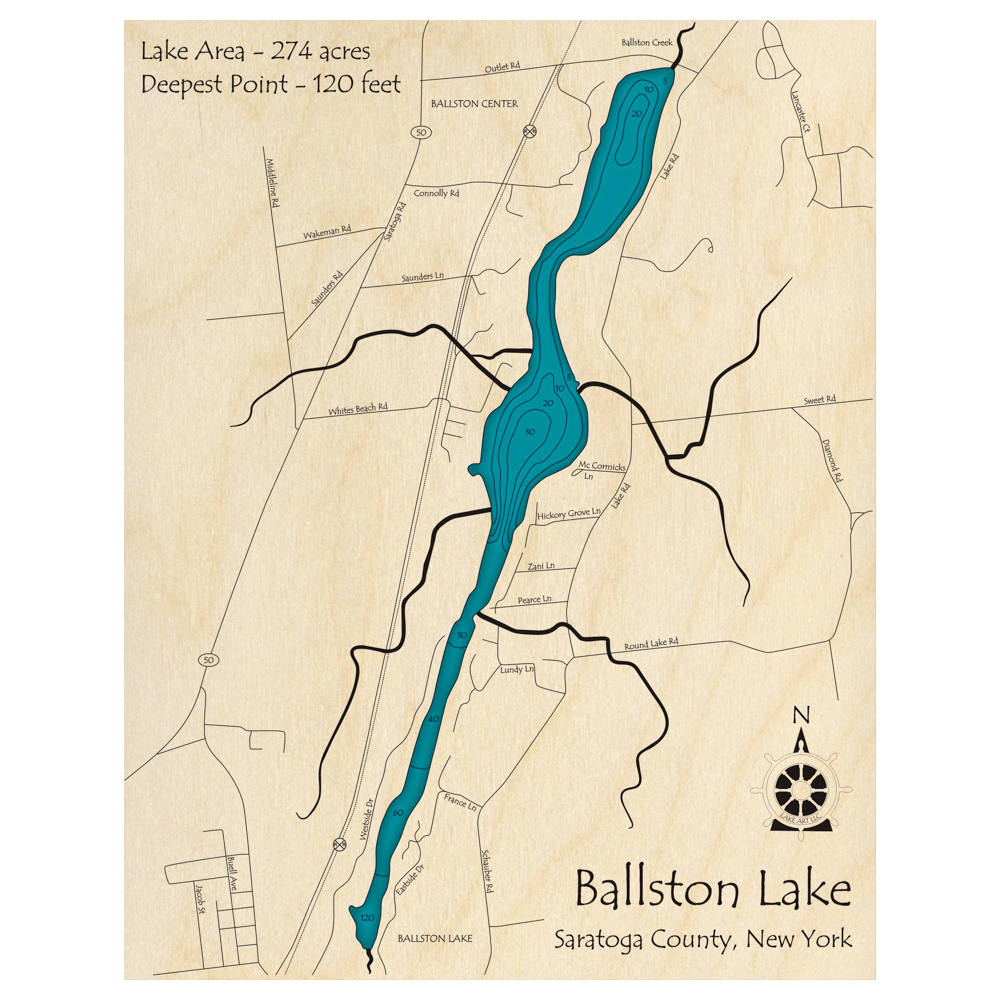 Bathymetric topo map of Ballston Lake, NY with roads, towns and depths noted in blue water.