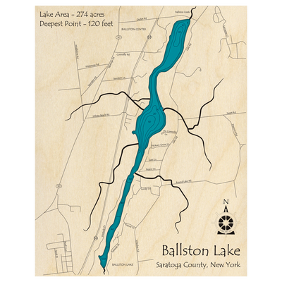 Bathymetric topo map of Ballston Lake, NY with roads, towns and depths noted in blue water.