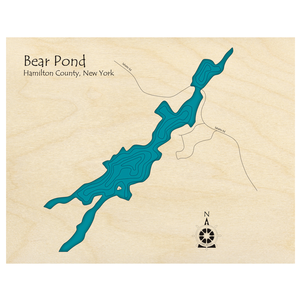 Bathymetric topo map of Bear Pond, NY with roads, towns and depths noted in blue water.