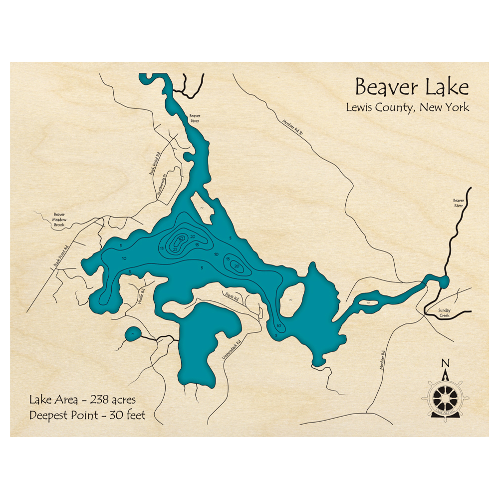 Bathymetric topo map of Beaver Lake, NY with roads, towns and depths noted in blue water.