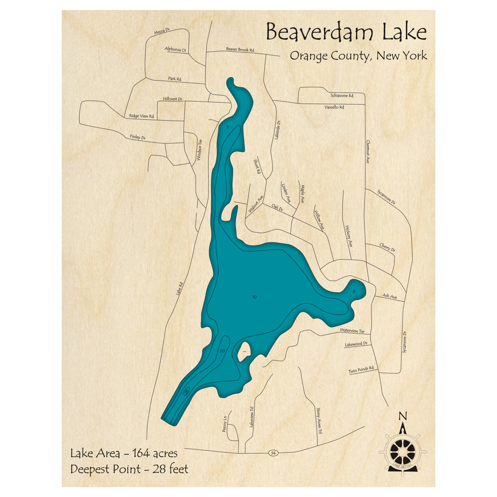 Bathymetric topo map of Beaverdam Lake, NY with roads, towns and depths noted in blue water.