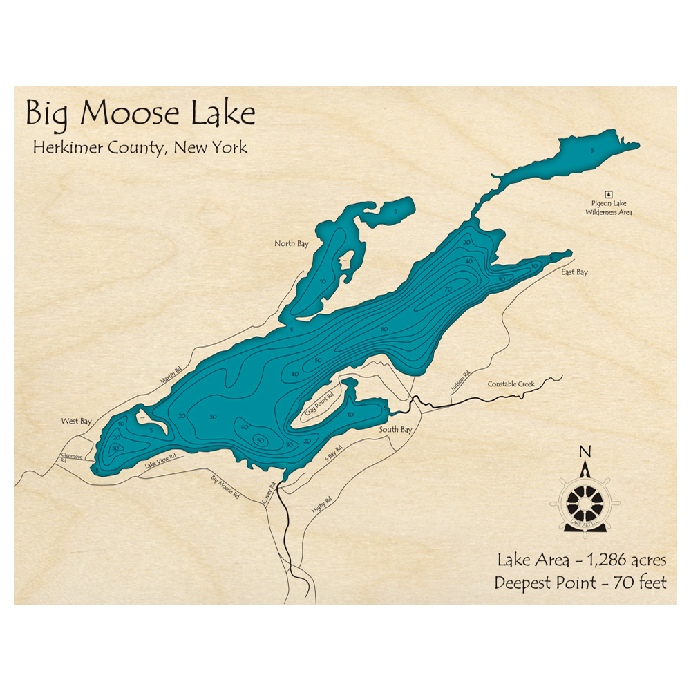 Bathymetric topo map of Big Moose Lake, NY with roads, towns and depths noted in blue water.