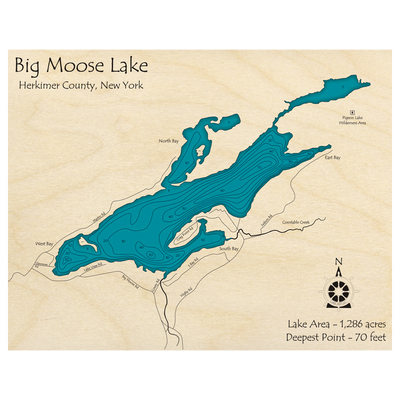 Bathymetric topo map of Big Moose Lake, NY with roads, towns and depths noted in blue water.