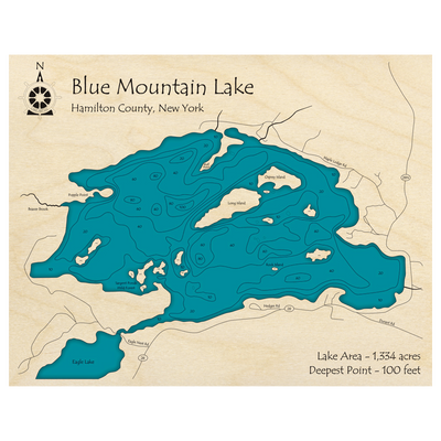 Bathymetric topo map of Blue Mountain Lake, NY with roads, towns and depths noted in blue water.
