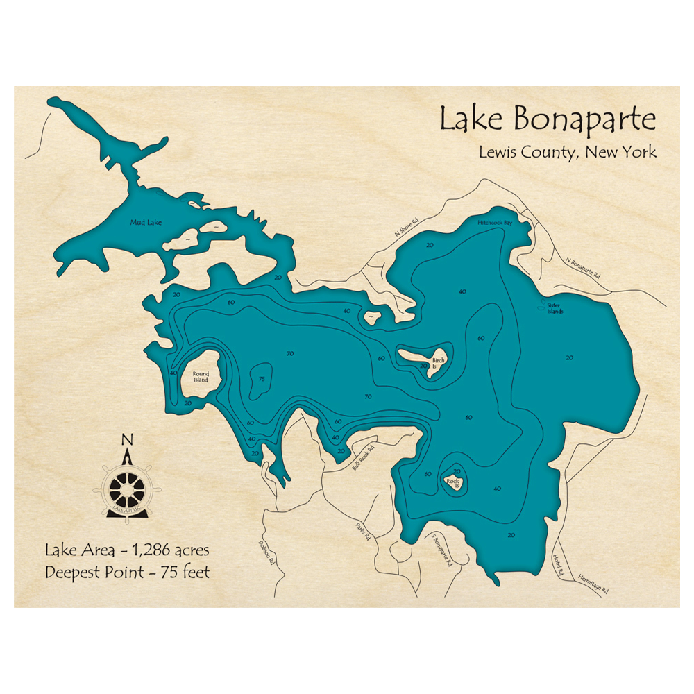 Bathymetric topo map of Lake Bonaparte, NY with roads, towns and depths noted in blue water.