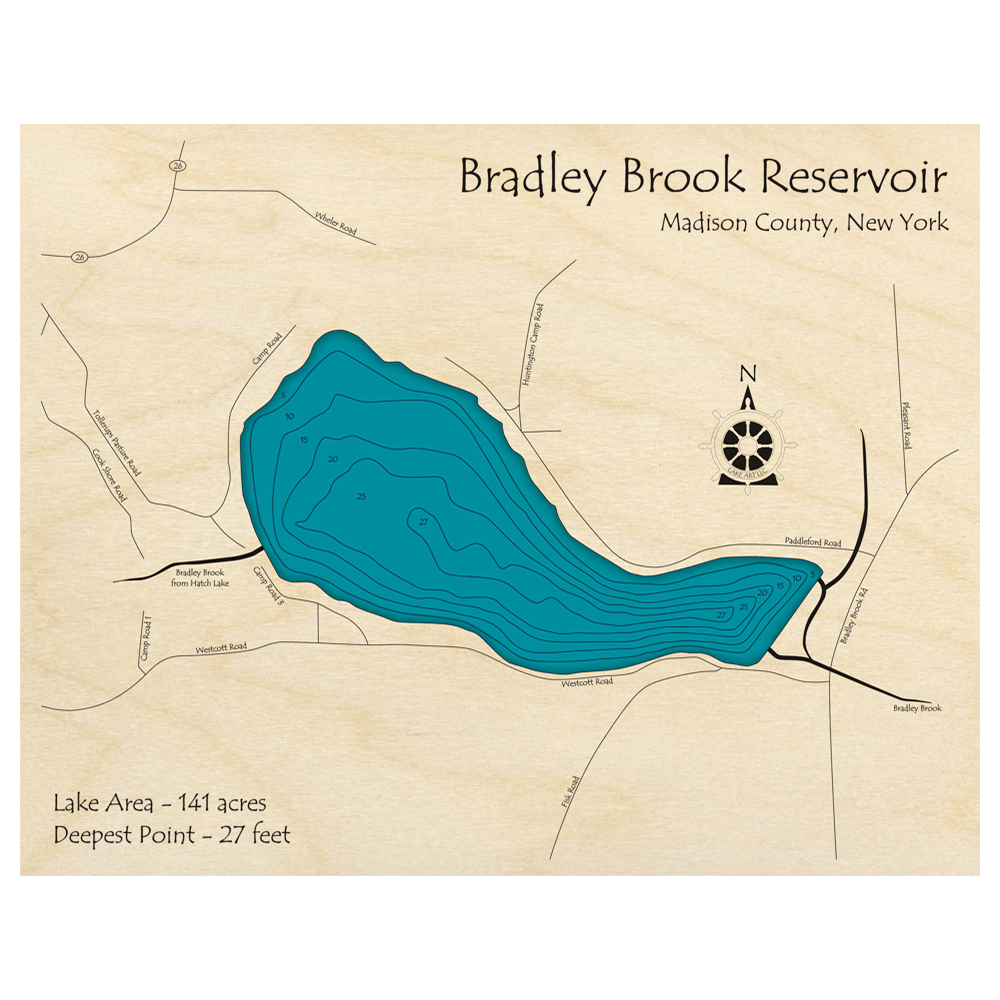 Bathymetric topo map of Bradley Brook Reservoir, NY with roads, towns and depths noted in blue water.