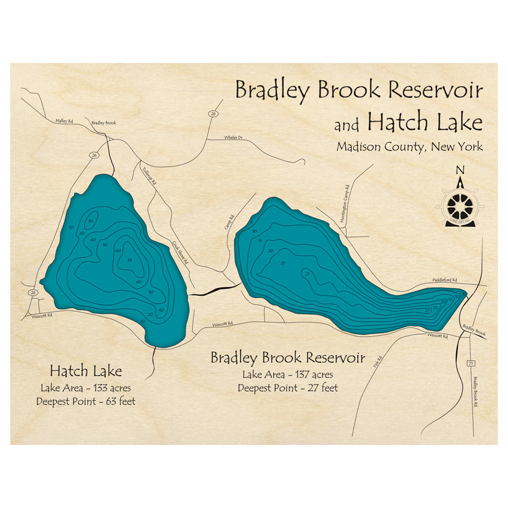 Bathymetric topo map of Bradley Brooke Reservoir and Hatch Lake, NY with roads, towns and depths noted in blue water.