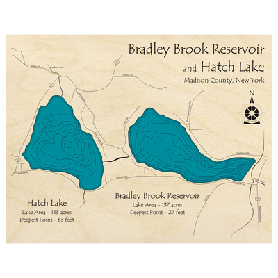 Bathymetric topo map of Bradley Brooke Reservoir and Hatch Lake, NY with roads, towns and depths noted in blue water.