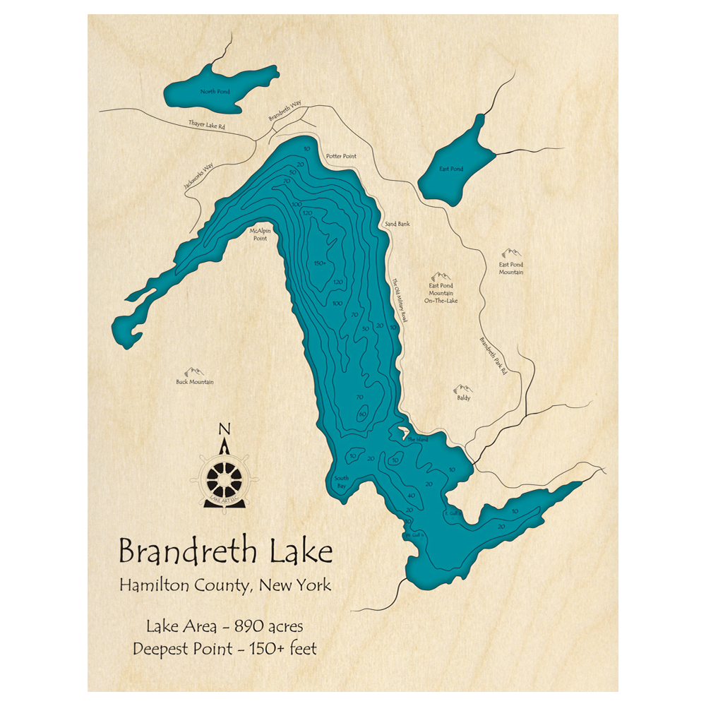 Bathymetric topo map of Brandreth Lake, NY with roads, towns and depths noted in blue water.