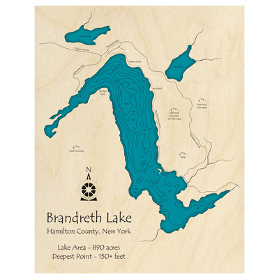 Bathymetric topo map of Brandreth Lake, NY with roads, towns and depths noted in blue water.