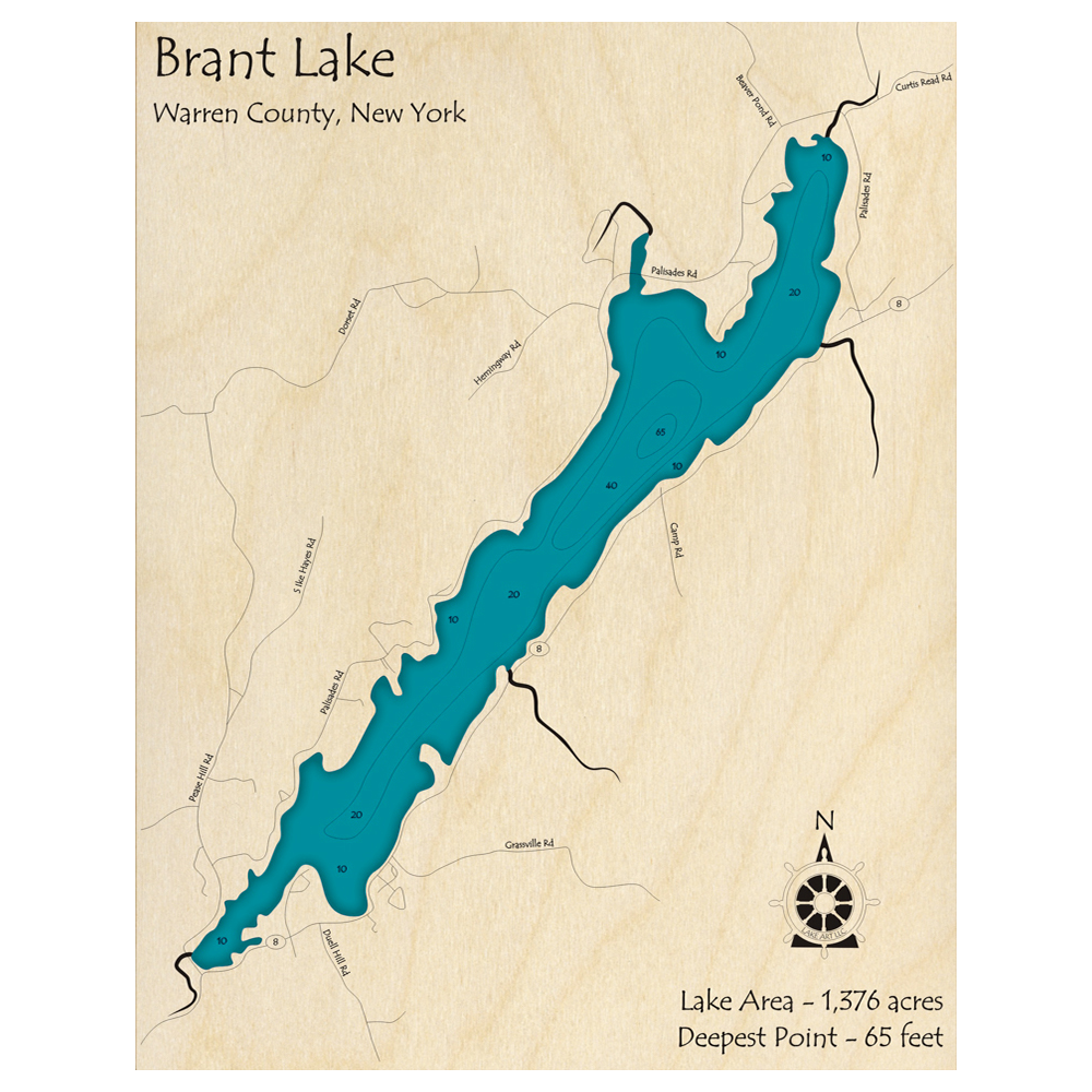 Bathymetric topo map of Brant Lake, NY with roads, towns and depths noted in blue water.