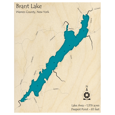 Bathymetric topo map of Brant Lake, NY with roads, towns and depths noted in blue water.