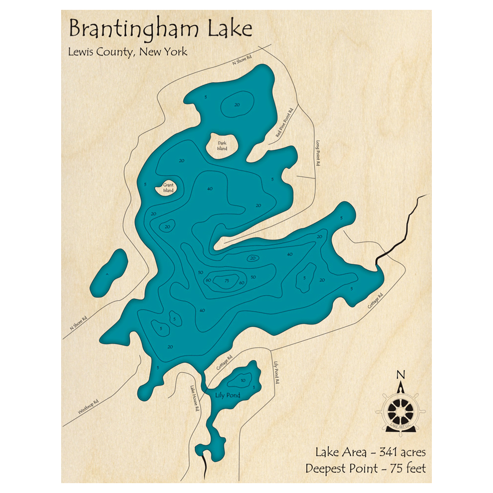 Bathymetric topo map of Brantingham Lake, NY with roads, towns and depths noted in blue water.