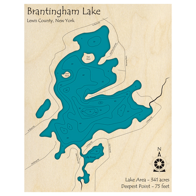 Bathymetric topo map of Brantingham Lake, NY with roads, towns and depths noted in blue water.