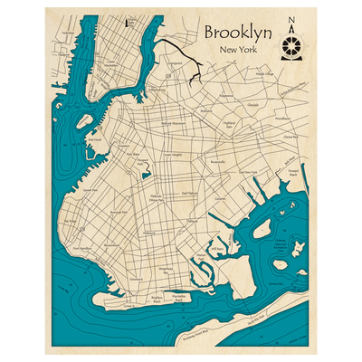 Bathymetric topo map of Brooklyn New York, NY with roads, towns and depths noted in blue water.