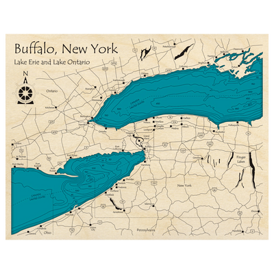 Bathymetric topo map of Buffalo, New York, NY with roads, towns and depths noted in blue water.