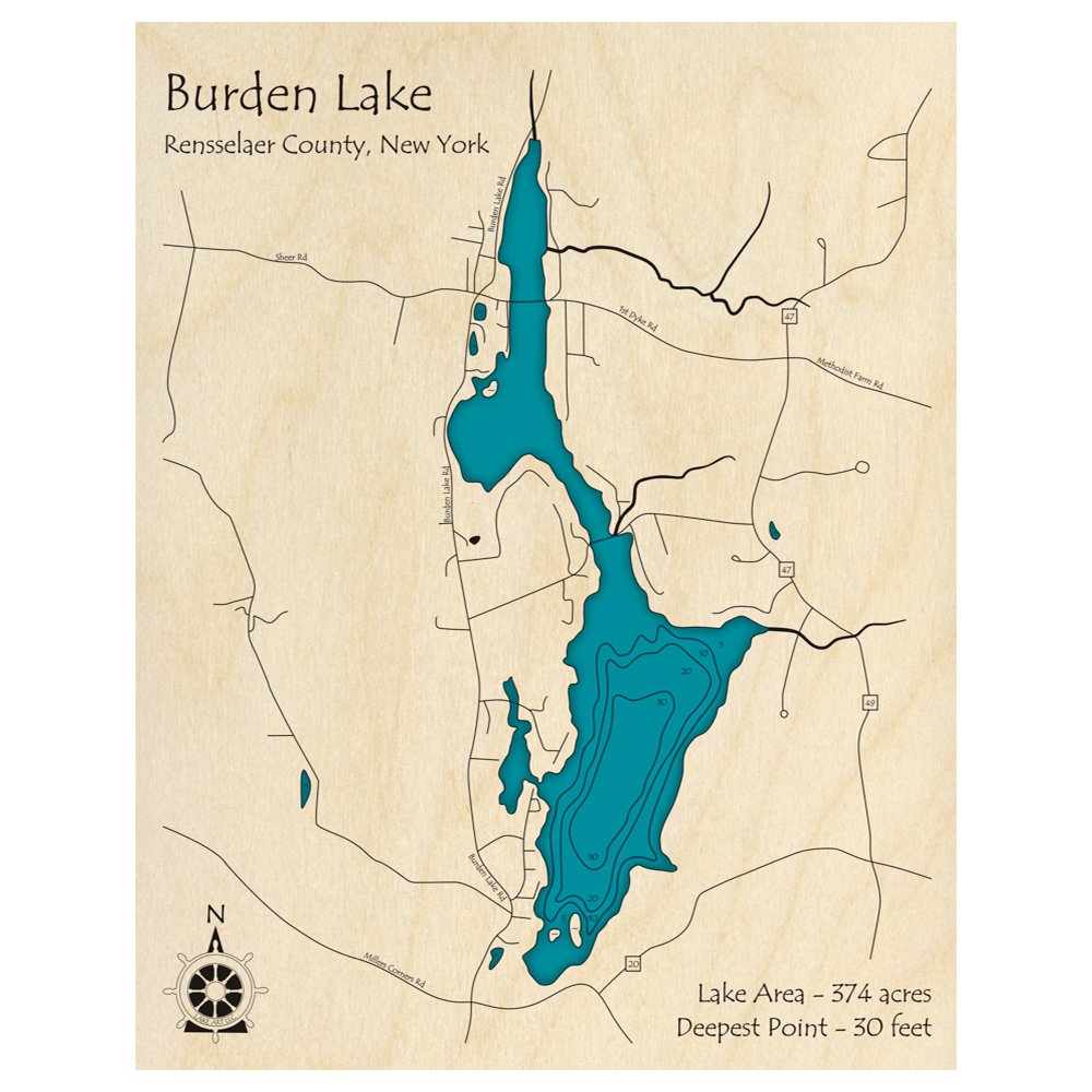 Bathymetric topo map of Burden Lake, NY with roads, towns and depths noted in blue water.