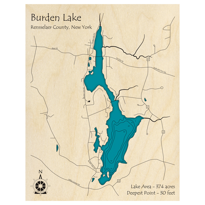 Bathymetric topo map of Burden Lake, NY with roads, towns and depths noted in blue water.