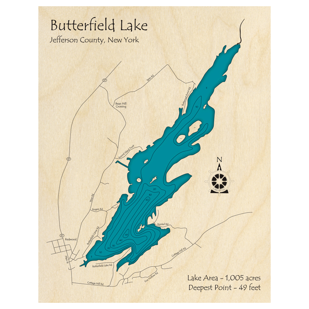 Bathymetric topo map of Butterfield Lake, NY with roads, towns and depths noted in blue water.