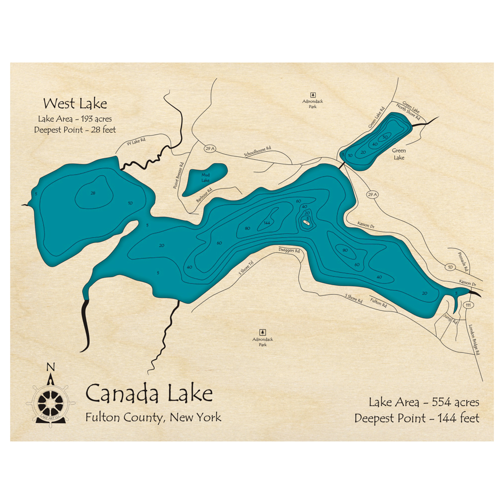 Bathymetric topo map of Canada Lake, NY with roads, towns and depths noted in blue water.