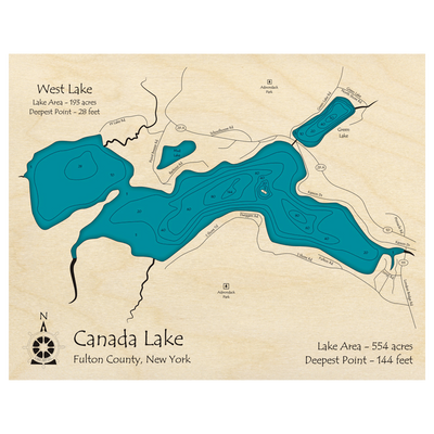 Bathymetric topo map of Canada Lake, NY with roads, towns and depths noted in blue water.