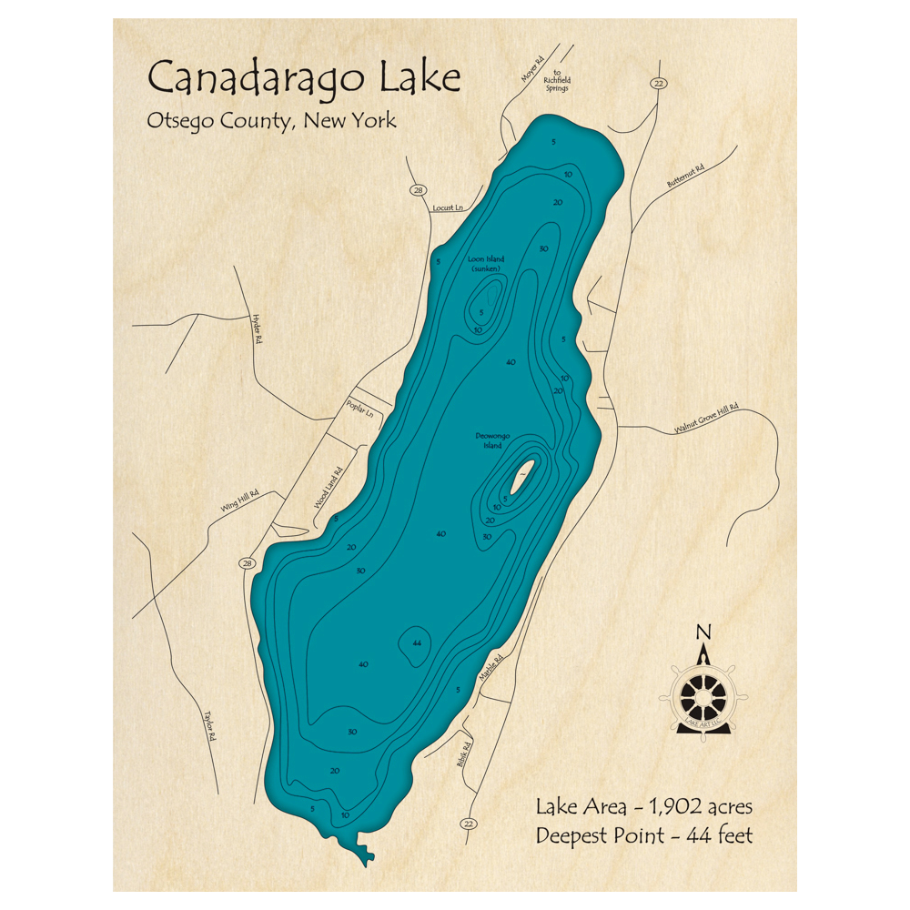Bathymetric topo map of Canadarago Lake, NY with roads, towns and depths noted in blue water.