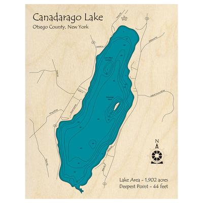 Bathymetric topo map of Canadarago Lake, NY with roads, towns and depths noted in blue water.