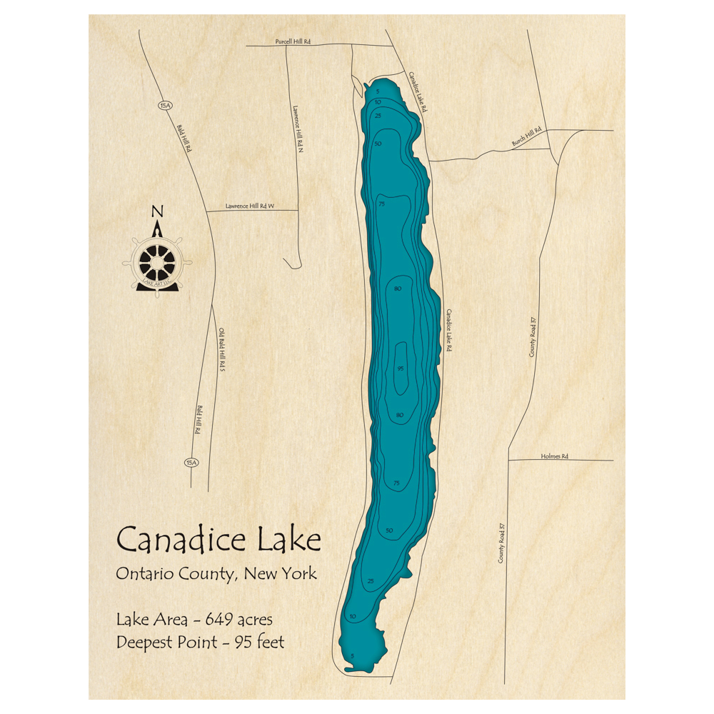 Bathymetric topo map of Canadice Lake, NY with roads, towns and depths noted in blue water.