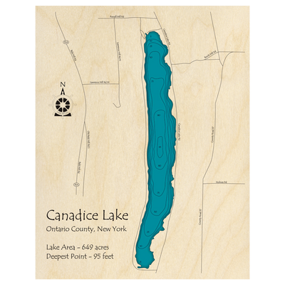 Bathymetric topo map of Canadice Lake, NY with roads, towns and depths noted in blue water.