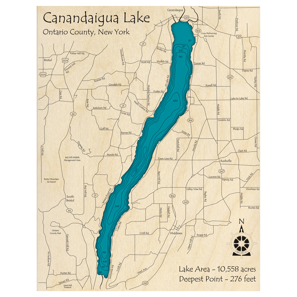 Bathymetric topo map of Canandaigua Lake, NY with roads, towns and depths noted in blue water.