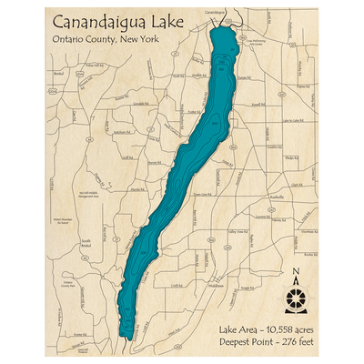 Bathymetric topo map of Canandaigua Lake, NY with roads, towns and depths noted in blue water.