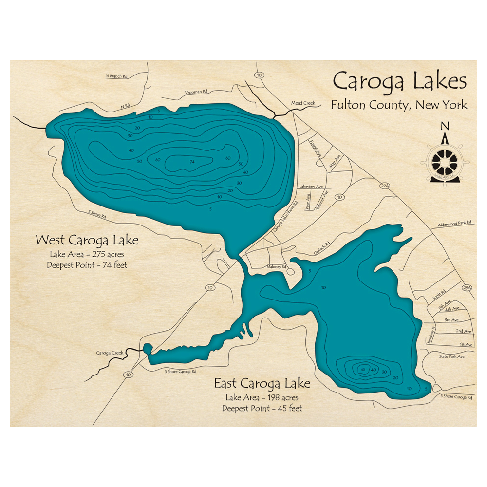 Bathymetric topo map of Caroga Lakes, NY with roads, towns and depths noted in blue water.