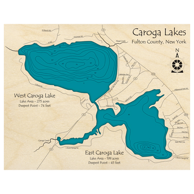 Bathymetric topo map of Caroga Lakes, NY with roads, towns and depths noted in blue water.