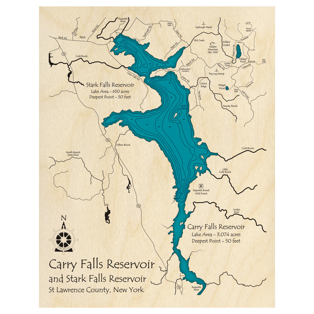 Bathymetric topo map of Carry and Stark Falls Reservoir, NY with roads, towns and depths noted in blue water.