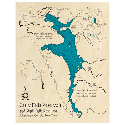 Bathymetric topo map of Carry and Stark Falls Reservoir, NY with roads, towns and depths noted in blue water.
