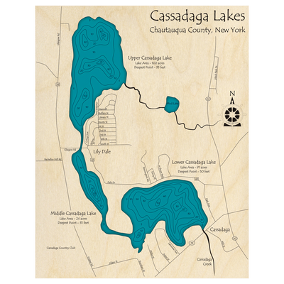 Bathymetric topo map of Cassadaga Lakes, NY with roads, towns and depths noted in blue water.