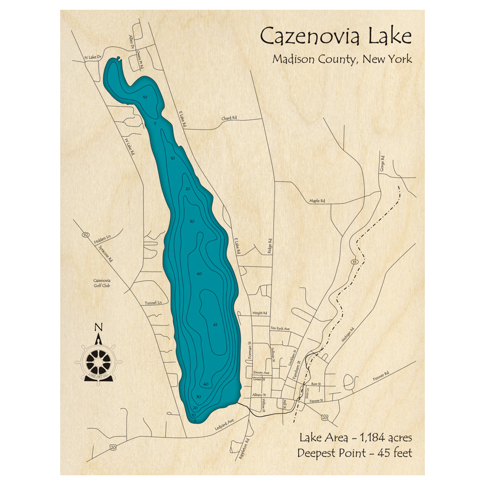 Bathymetric topo map of Cazenovia Lake, NY with roads, towns and depths noted in blue water.