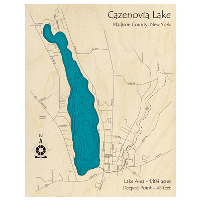 Bathymetric topo map of Cazenovia Lake, NY with roads, towns and depths noted in blue water.
