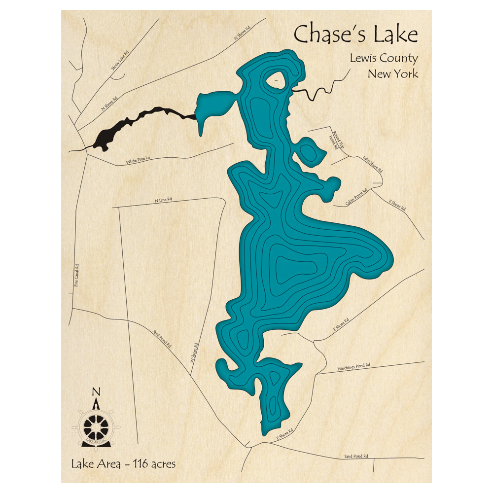 Bathymetric topo map of Chases Lake, NY with roads, towns and depths noted in blue water.