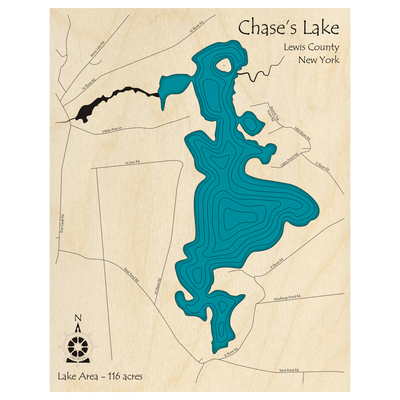 Bathymetric topo map of Chases Lake, NY with roads, towns and depths noted in blue water.