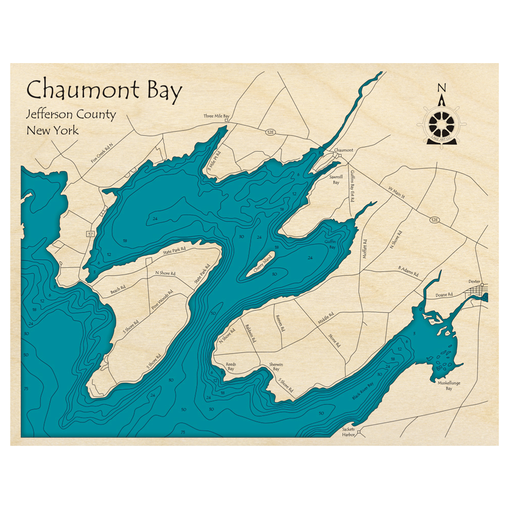 Bathymetric topo map of Chaumont Bay, NY with roads, towns and depths noted in blue water.